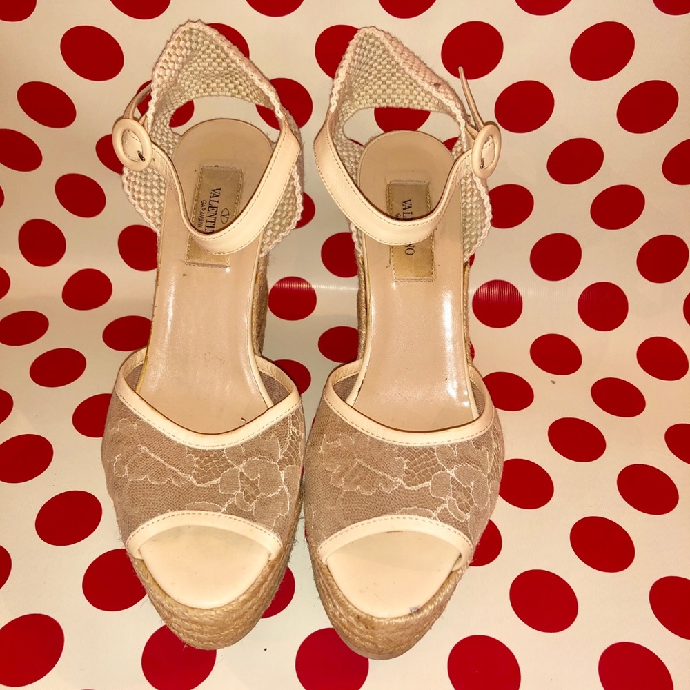 Valentino pink lace espadrille wedges